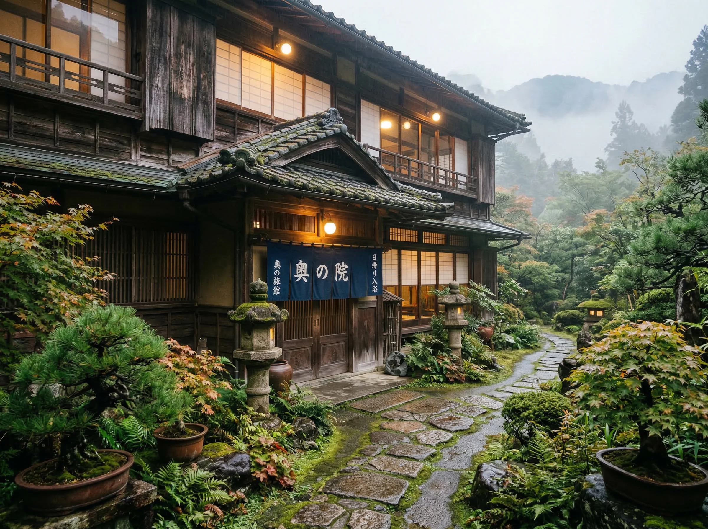 Historic ryokan exterior with aged wooden architecture and traditional noren entrance curtain