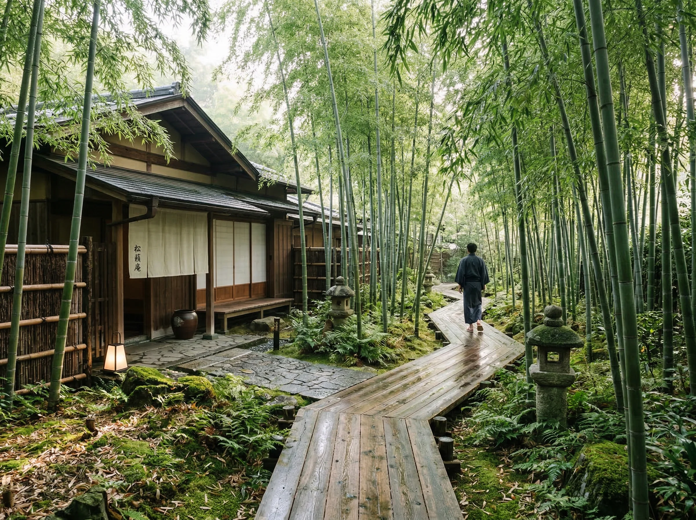 Bamboo grove pathway beside the ryokan with natural materials and sustainable architecture