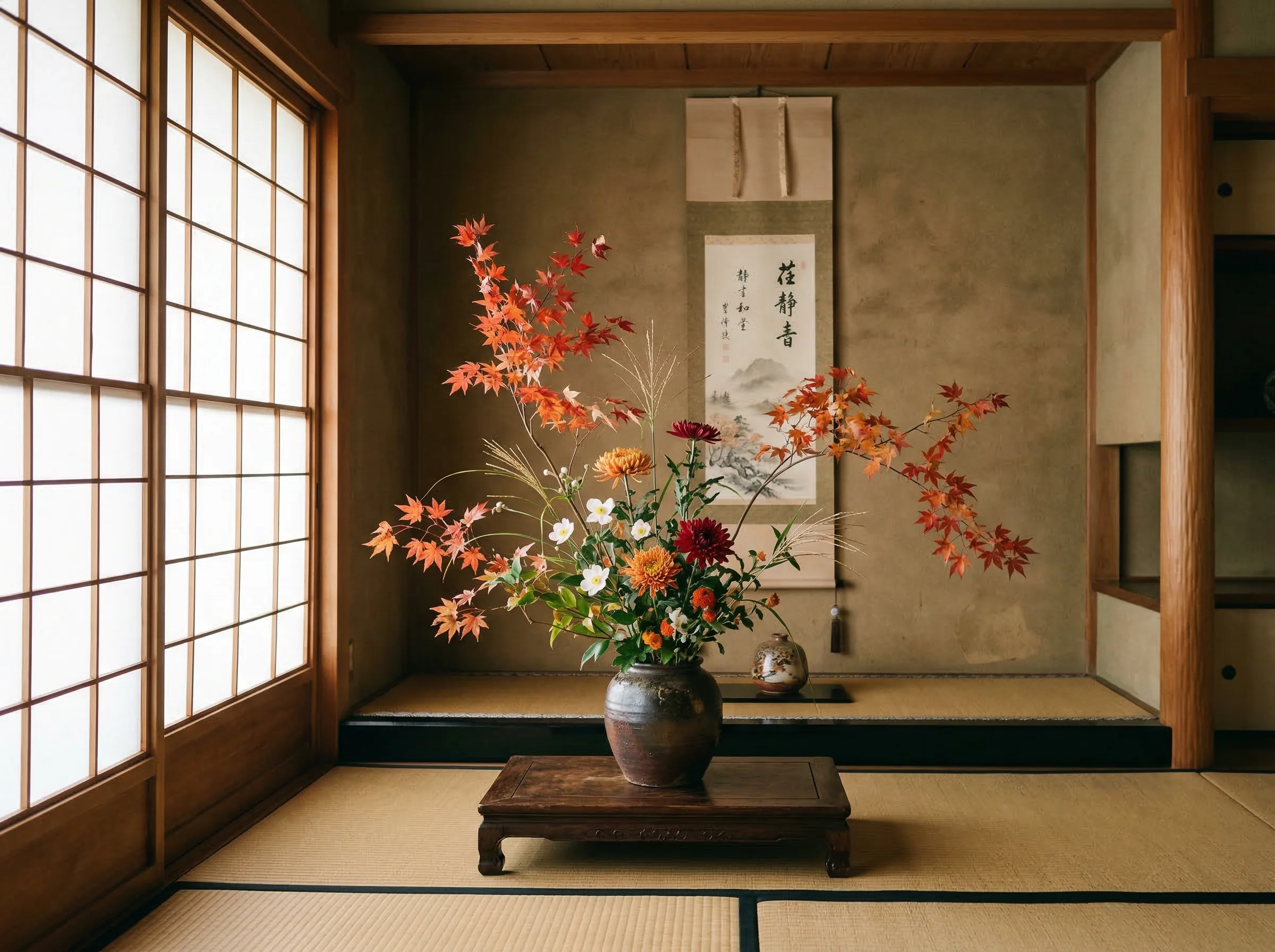 Elegant ikebana flower arrangement with autumn maple branches and chrysanthemums in a ceramic vase