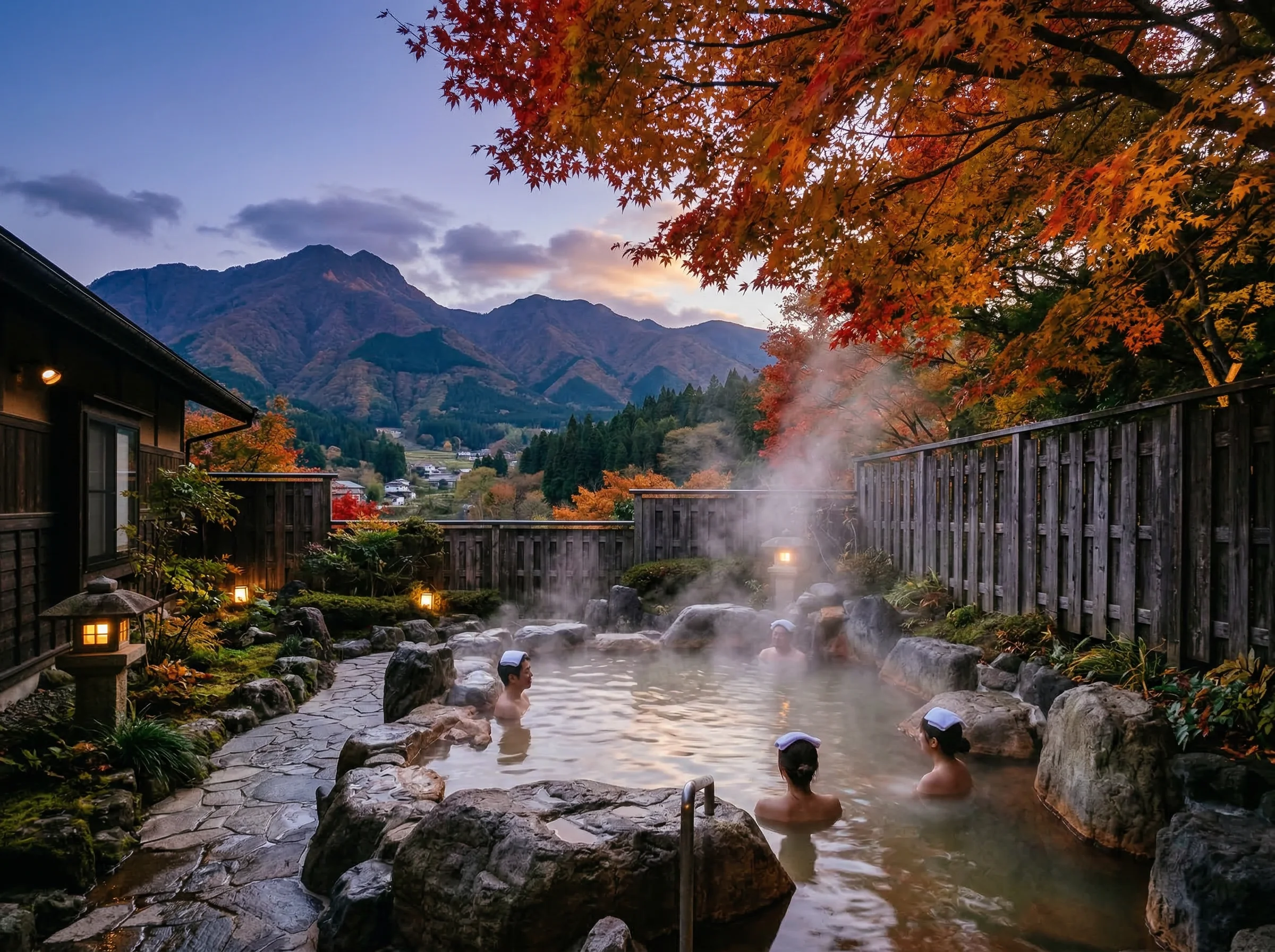Large outdoor rotenburo hot spring bath surrounded by natural rocks and autumn foliage with mountain views
