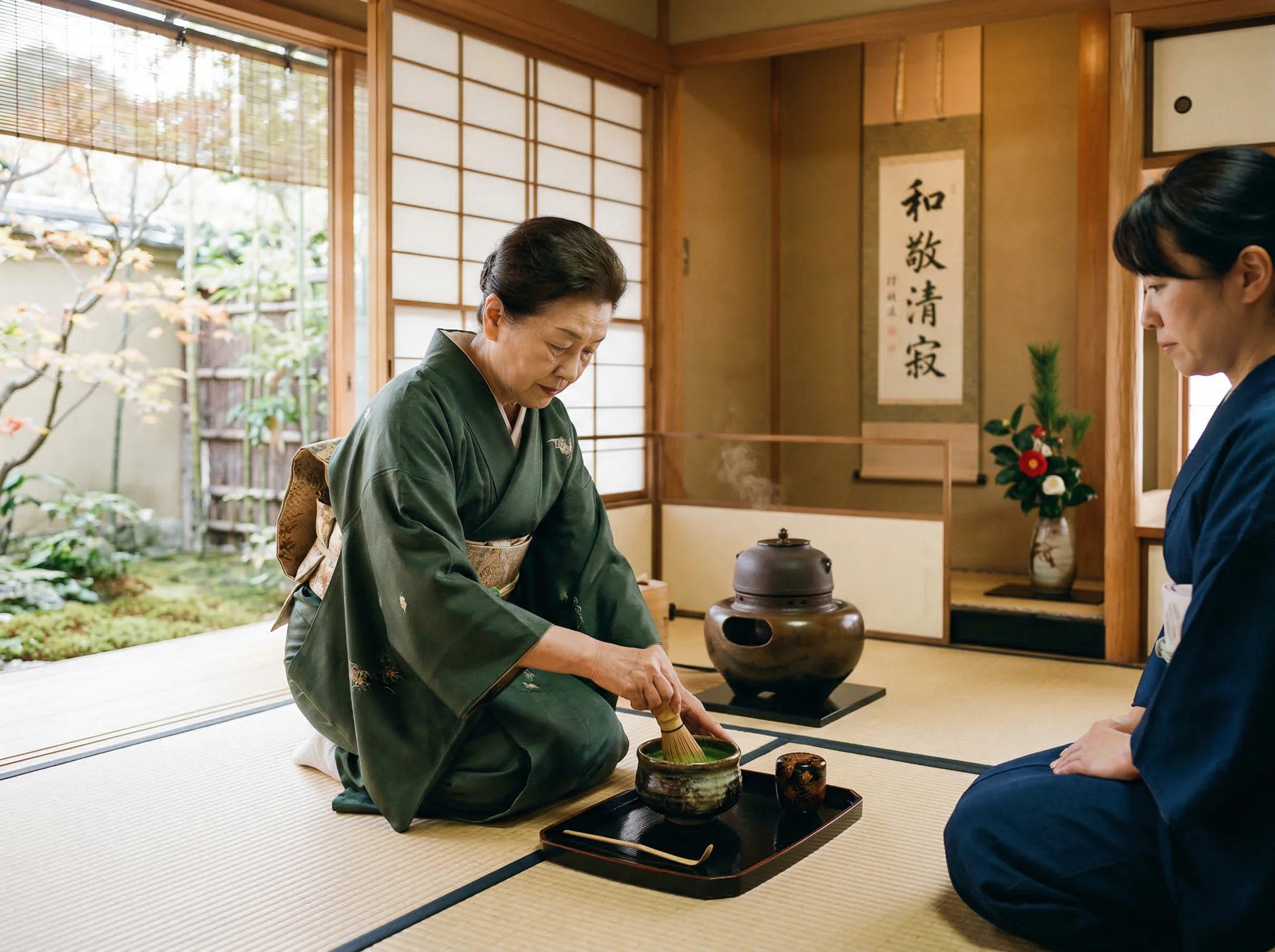 Tea master in kimono carefully whisking matcha during a traditional Japanese tea ceremony