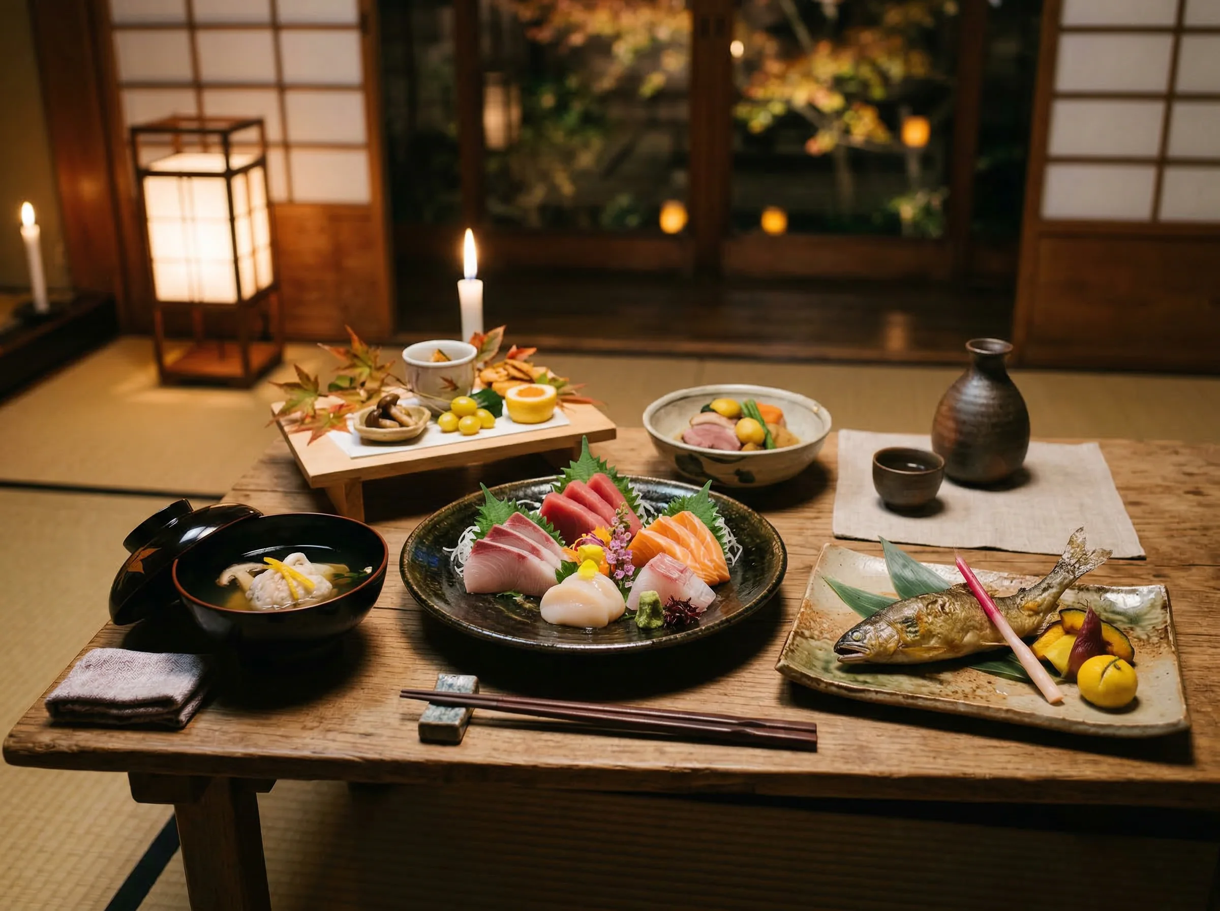 Multi-course kaiseki dinner with seasonal sashimi, grilled fish, and traditional ceramics on a low wooden table
