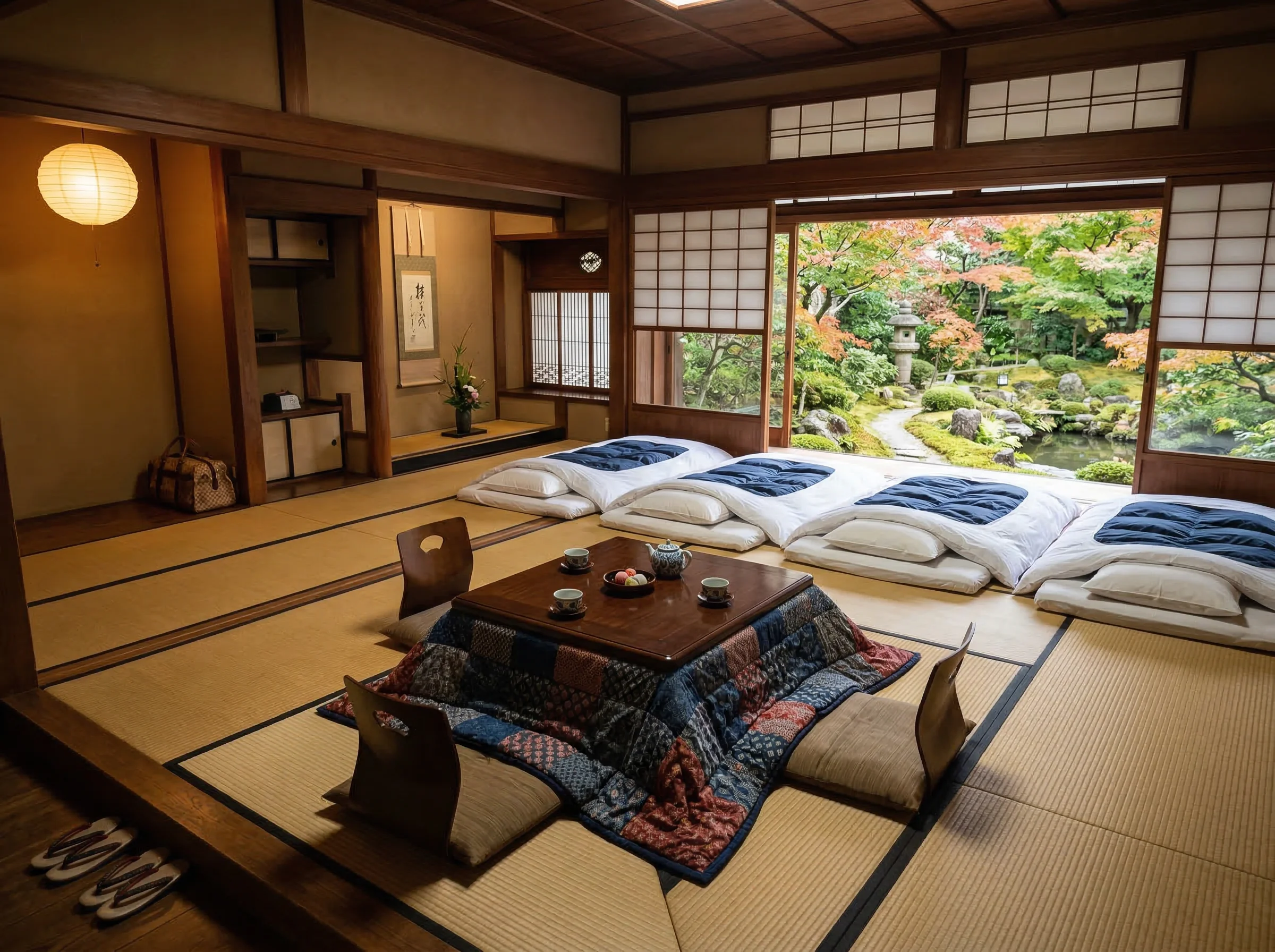 Spacious family tatami room with kotatsu table and multiple futon bedding areas