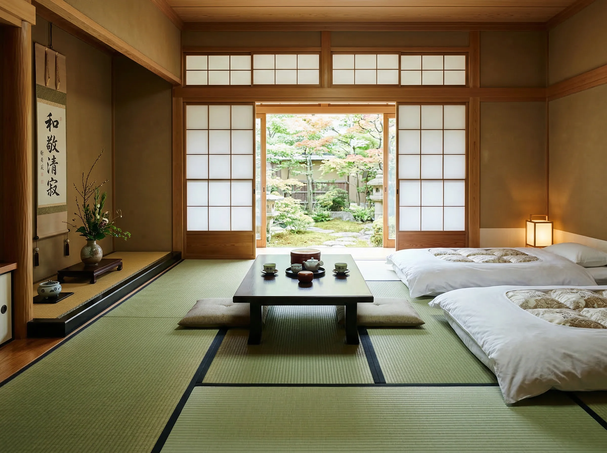 Elegant tatami suite with futon bedding, low table, and garden view through shoji screens