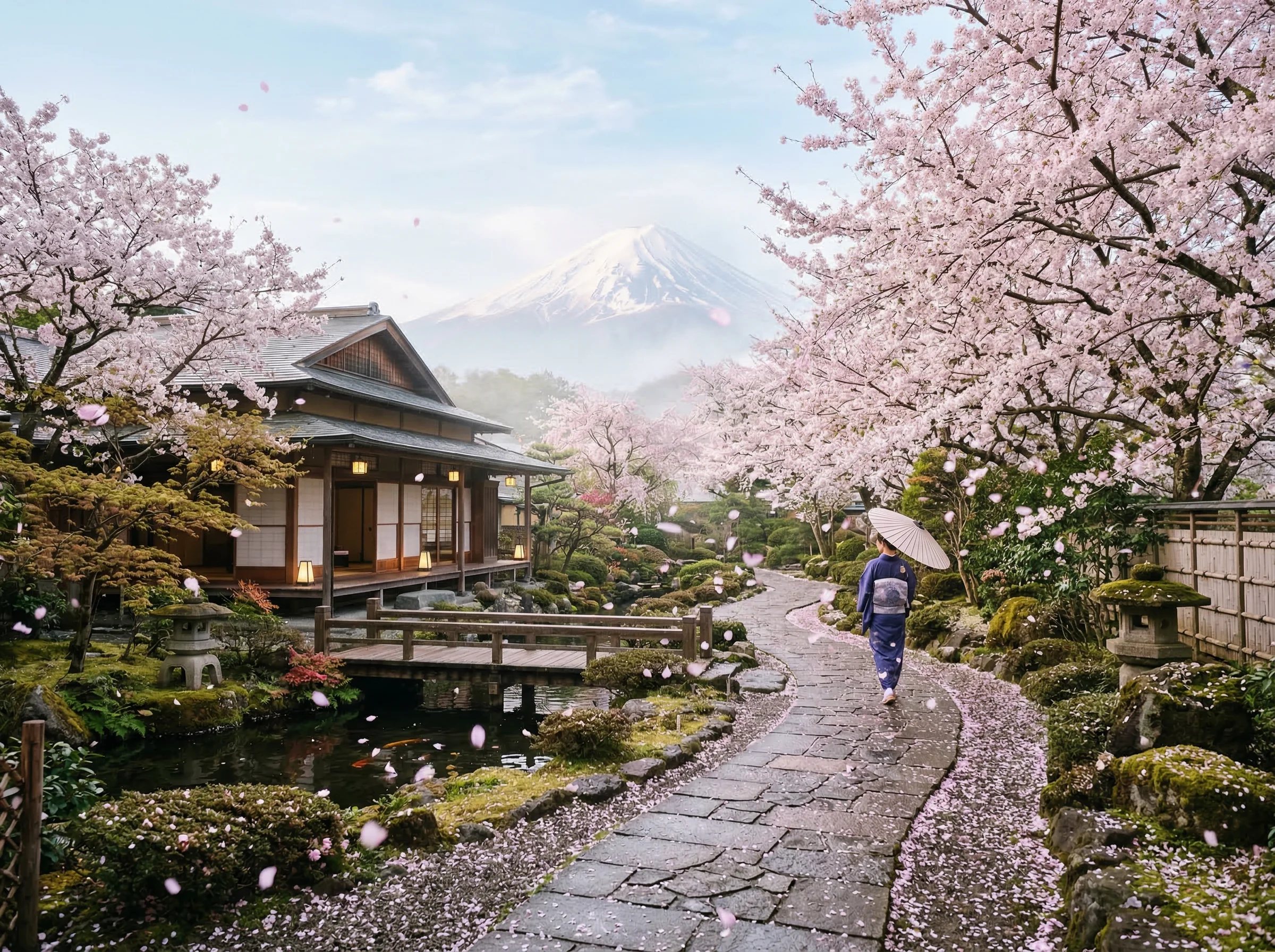 Cherry blossom trees in bloom along a ryokan garden path with Mount Fuji in the background