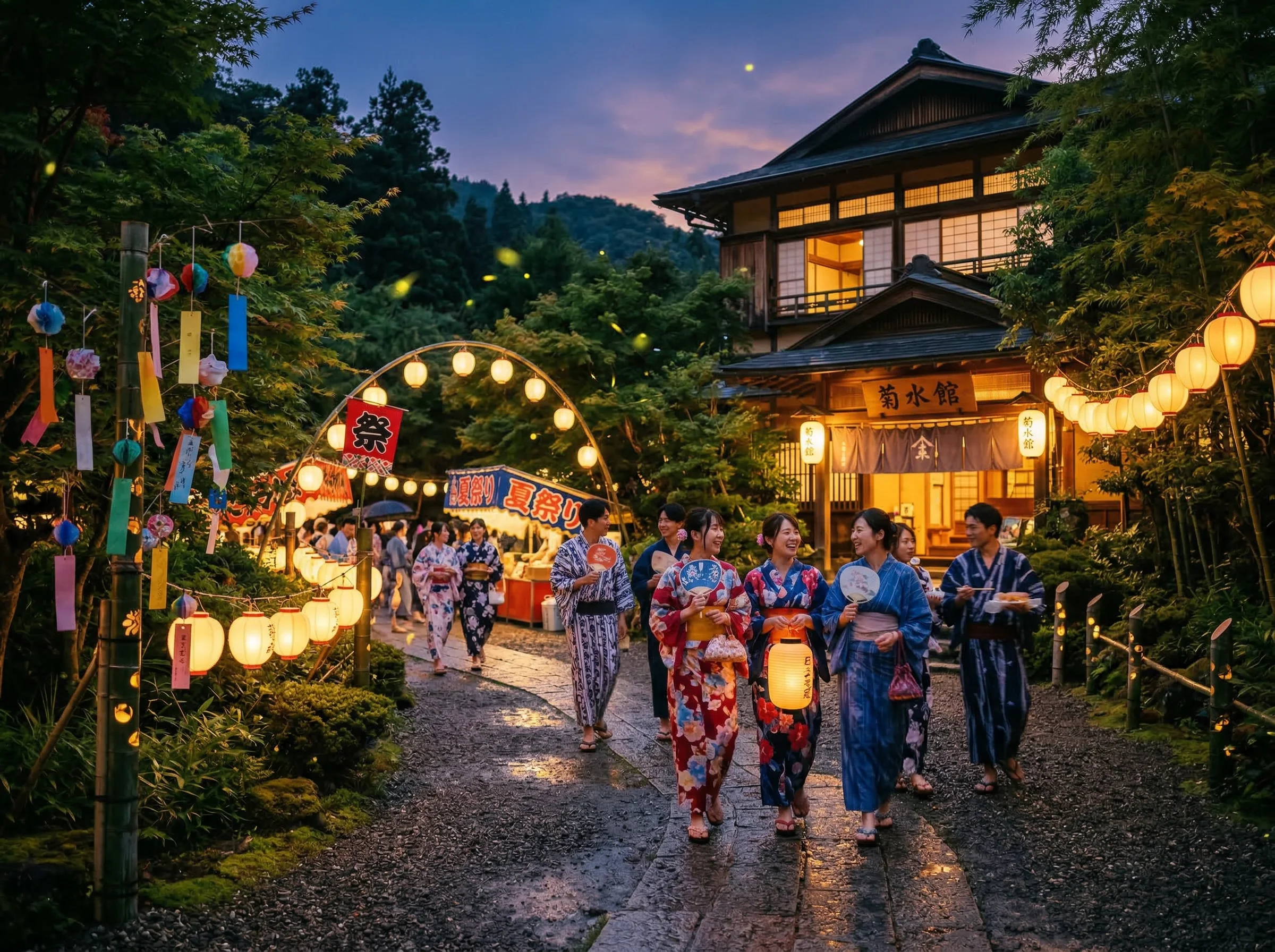Lantern-lit summer festival at the ryokan with guests in yukata enjoying the evening