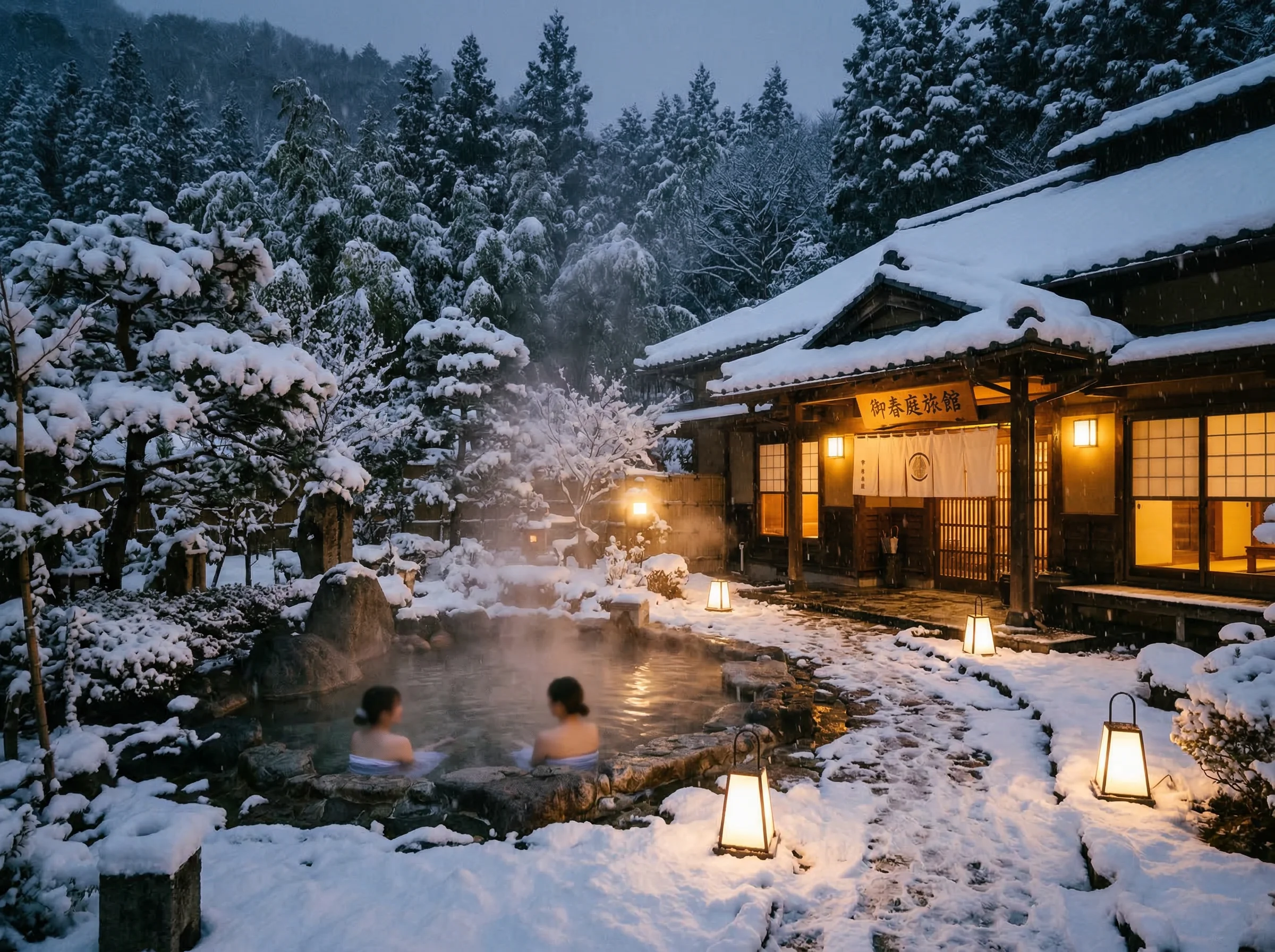 Snow-covered ryokan garden with steaming outdoor onsen and warm lanterns at dusk